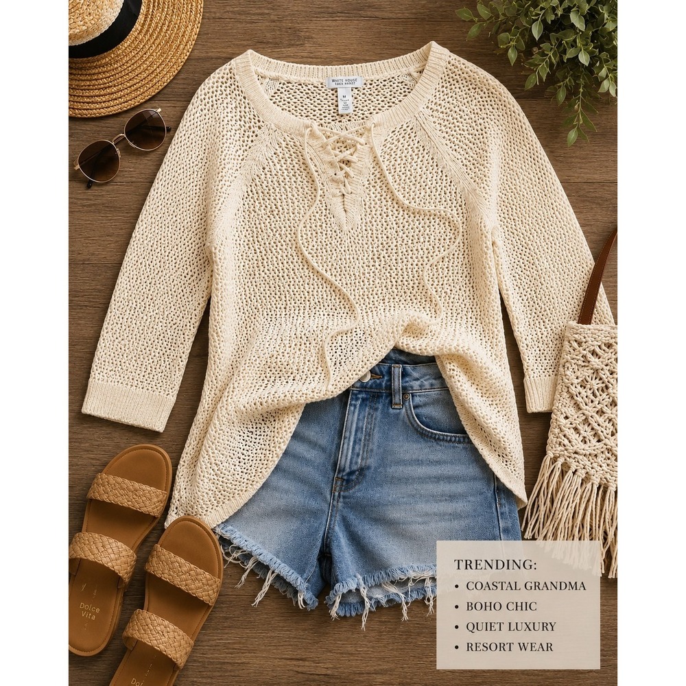 WHBM Medium Cream Open Knit Tunic Sweater Lace Up Boho Coastal Beach Coverup